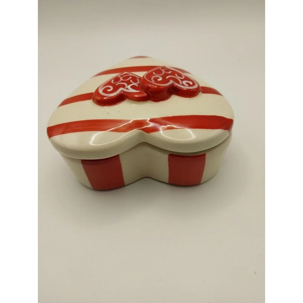 Vintage Ceramic Heart Trinket Box Candy Striped Red White Hand Painted Valentine
